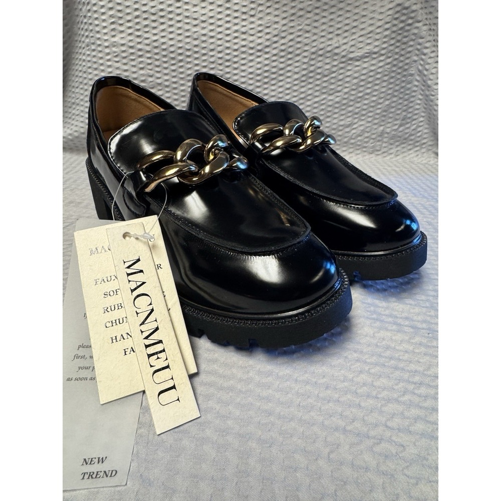 MACNMEUU‎ Chunky Platform Loafer Comfort Slip On Chain Faux Leather Women's 9